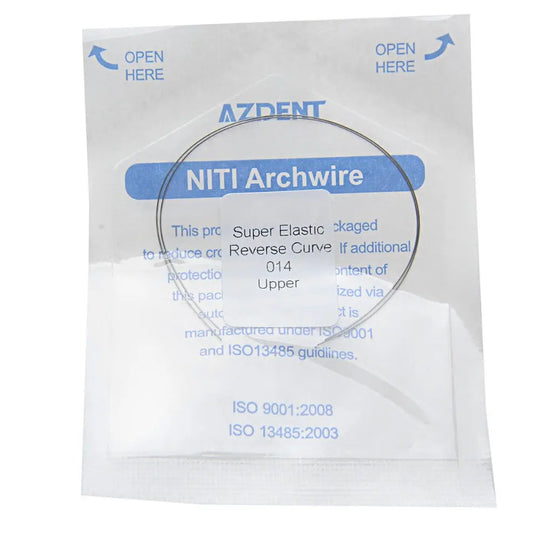 Archwire NiTi Reverse Curve Round 0.014 Upper 2pcs/Pack packaged in clear plastic wrapper with AZDENT branding and product details. Curved wire visible inside package, labeled as super elastic and reverse curve for upper teeth orthodontic use.