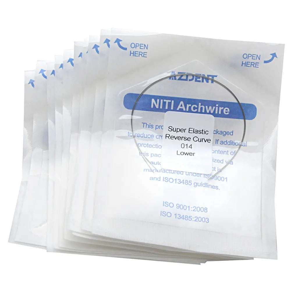 Archwire NiTi Reverse Curve Round 0.014 Lower 2pcs/Pack displayed in sealed sterile packaging. Multiple white pouches with blue text showing product details, including "NITI Archwire" and "Super Elastic" labels. ISO certification markings visible on packaging.