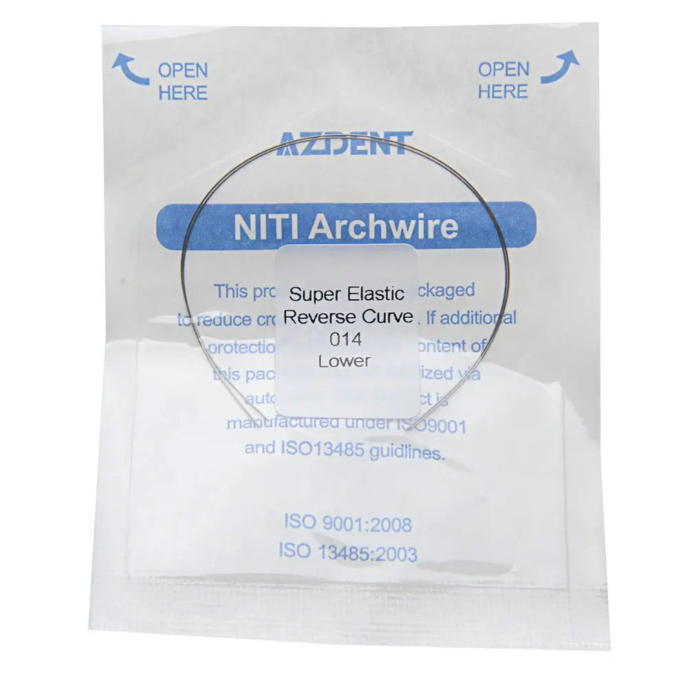 Archwire NiTi Reverse Curve Round 0.014 Lower 2pcs/Pack packaging showing AZDENT brand, product details, and ISO certifications. Clear plastic package with blue text indicating super elastic properties and lower arch application.