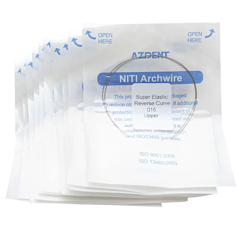 Archwire NiTi Reverse Curve Round 0.016 Upper 2pcs/Pack packaging displayed. Multiple white sealed packets with blue text indicating 'OPEN HERE' and product details. AZDENT brand NiTi Archwire label visible on front packet.