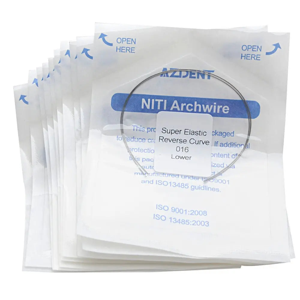 Archwire NiTi Reverse Curve Round 0.016 Lower 2pcs/Pack packaged in white envelopes with blue text. Multiple sealed packets visible, showing AZDENT brand and NiTi Archwire product details. Packaging indicates super elastic and reverse curve properties for lower dental application.