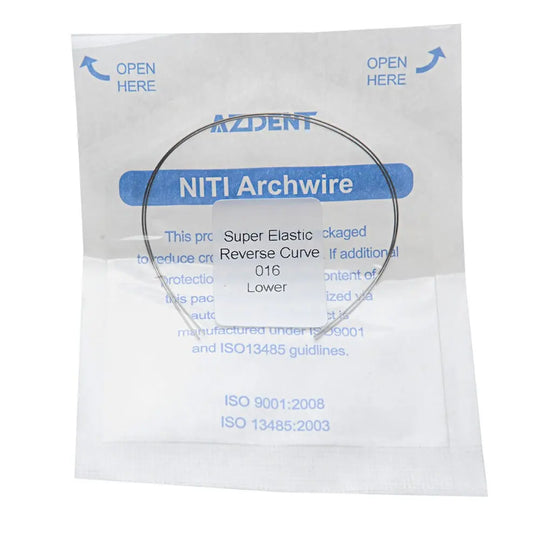 Archwire NiTi Reverse Curve Round 0.016 Lower 2pcs/Pack: Curved dental wire in clear packaging, labeled with product details including NITI Archwire, Super Elastic Reverse Curve, and 016 Lower specifications.