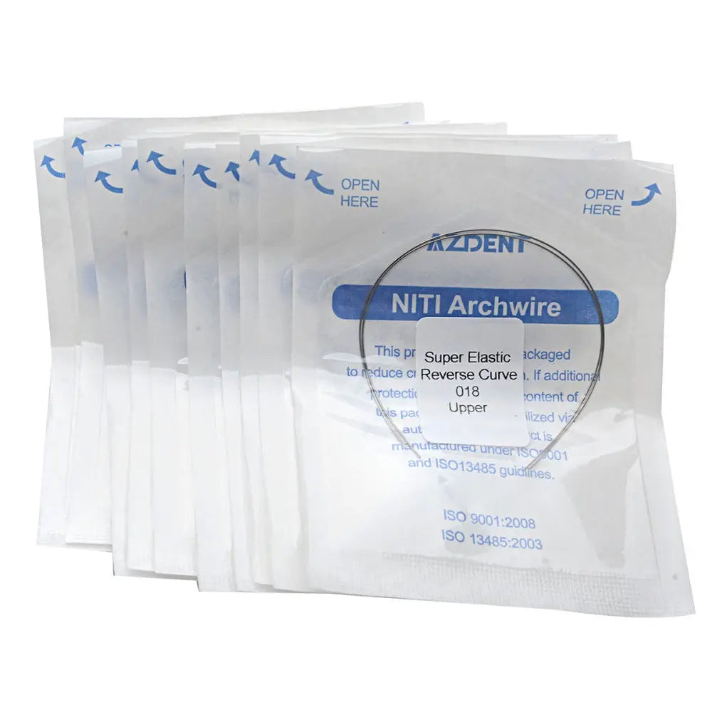 Archwire NiTi Reverse Curve Round 0.018 Upper 2pcs/Pack: Multiple sealed packages of AZDENT NiTi Archwire, labeled with product details and 'OPEN HERE' instructions. Visible through packaging is a curved, thin wire dental appliance.