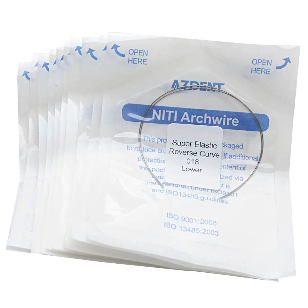 Archwire NiTi Reverse Curve Round 0.018 Lower 2pcs/Pack displayed in sealed plastic packaging. Close-up of product label showing NITI Archwire details, including size and type. Multiple packets stacked, emphasizing quantity and professional dental packaging.