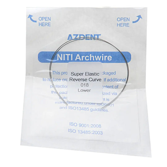 Archwire NiTi Reverse Curve Round 0.018 Lower 2pcs/Pack in sealed package, displaying product details including super elastic properties, reverse curve shape, and size 018 for lower teeth. AZDENT brand visible on packaging.