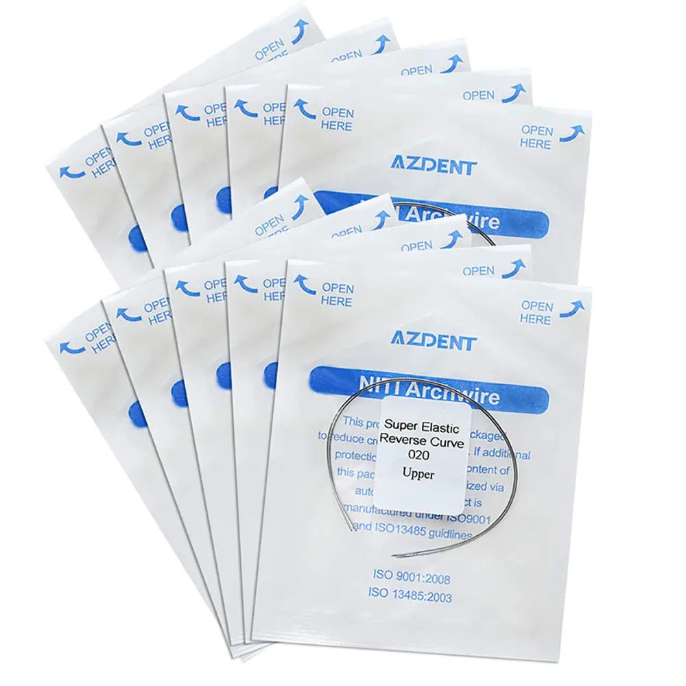 Multiple sealed packages of Archwire NiTi Reverse Curve Round 0.020 Upper 2pcs/Pack, displaying AZDENT brand name and product details on white packaging with blue text