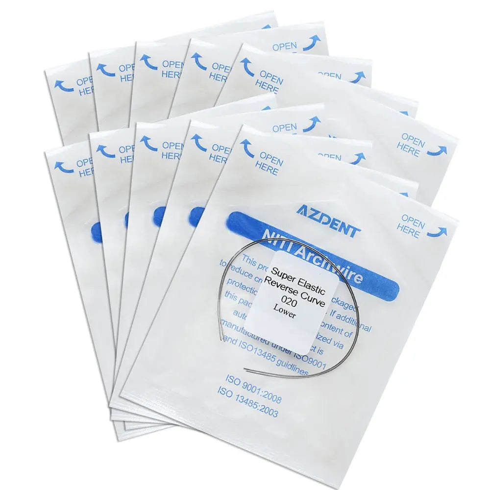 AZDENT NiTi Archwire packages for Archwire NiTi Reverse Curve Round 0.020 Lower 2pcs/Pack, showing multiple sealed white pouches with blue labeling and visible round archwires inside each packet.