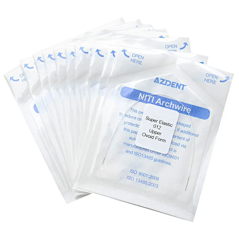 Multiple sealed packages of Archwire NiTi Super Elastic Colored Coated Ovoid Round 0.012 Upper 1pc/Pack, displaying product information and AZDENT branding on white pouches with blue text