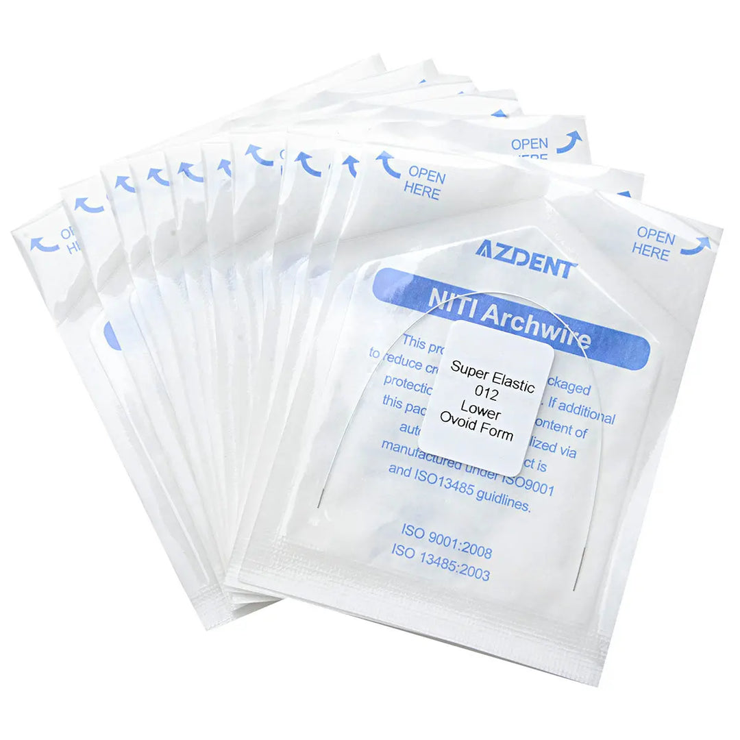 Archwire NiTi Super Elastic Colored Coated Ovoid Round 0.012 Lower 1pc/Pack displayed in multiple sealed white packages with blue labeling, indicating AZDENT brand NiTi Archwire product details and ISO certification.