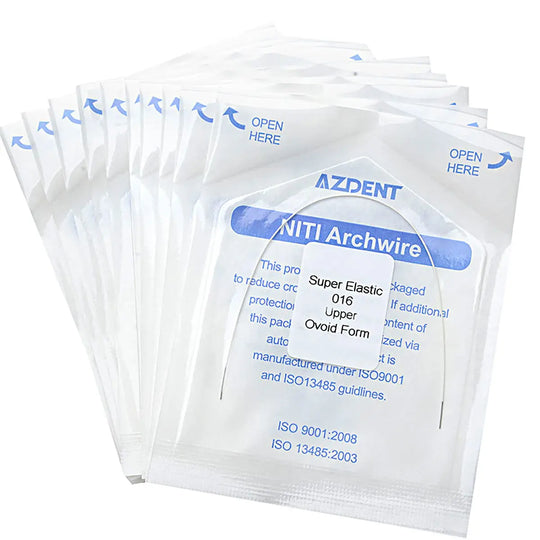 Multiple sealed packages of Archwire NiTi Super Elastic Colored Coated Ovoid Round 0.016 Upper 1pc/Pack, showing product details and ISO certifications on white plastic packaging with blue text.