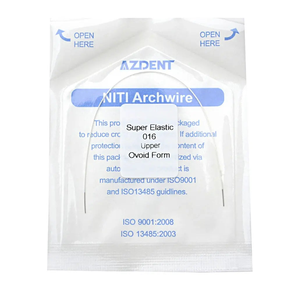 Archwire NiTi Super Elastic Colored Coated Ovoid Round 0.016 Upper 1pc/Pack packaging showing AZDENT brand, NiTi Archwire details, and ISO certifications. Clear plastic packaging with blue text displaying product specifications and opening instructions.