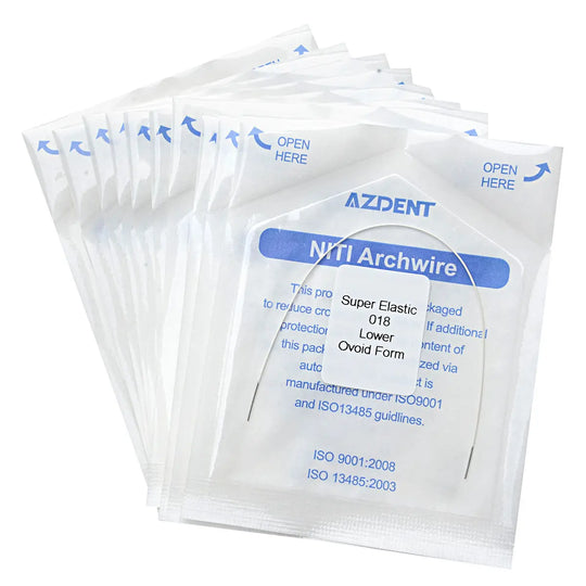 Multiple sealed packages of Archwire NiTi Super Elastic Colored Coated Ovoid Round 0.018 Lower 1pc/Pack, showing product details and ISO certifications on transparent packaging with blue text and opening instructions.