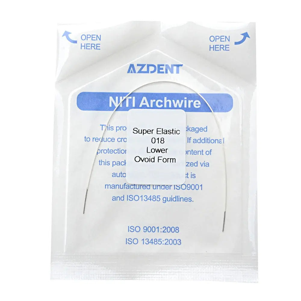 Archwire NiTi Super Elastic Colored Coated Ovoid Round 0.018 Lower 1pc/Pack in sealed AZDENT packaging. Clear plastic package with blue text detailing product specifications, including "NiTi Archwire", "Super Elastic", and "Lower Ovoid Form". ISO certification logos visible.