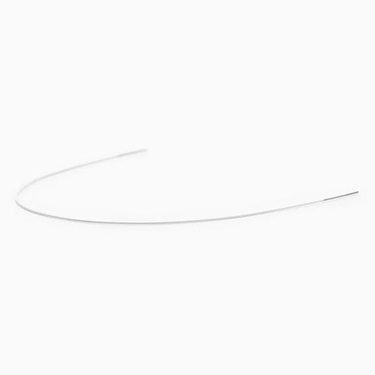 Archwire NiTi Super Elastic Colored Coated Ovoid Round 0.018 Lower 1pc/Pack, thin white curved wire against white background, demonstrating the product's shape and flexibility for orthodontic use