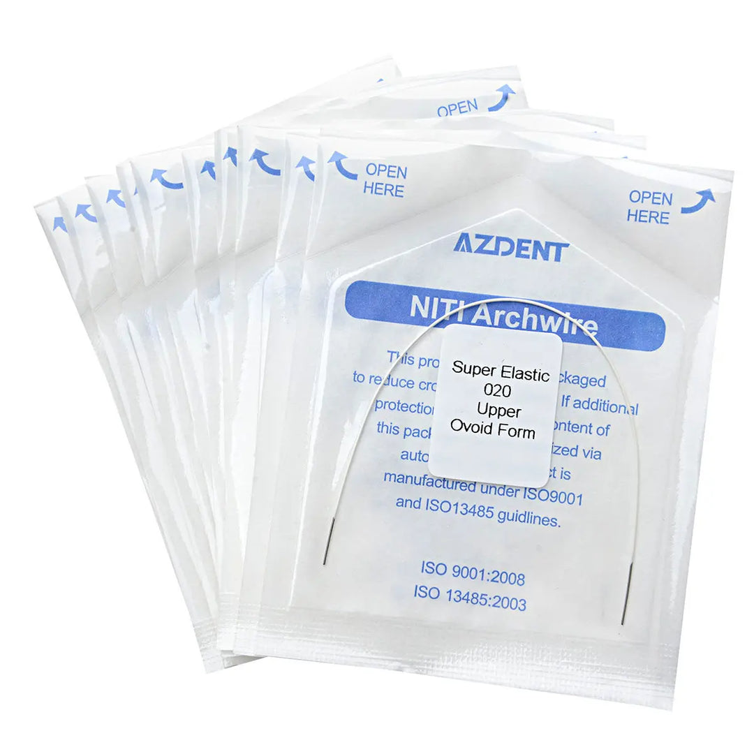 Multiple sealed packages of Archwire NiTi Super Elastic Colored Coated Ovoid Round 0.020 Upper 1pc/Pack, showing AZDENT brand and product details. White packages with blue text, stacked together.