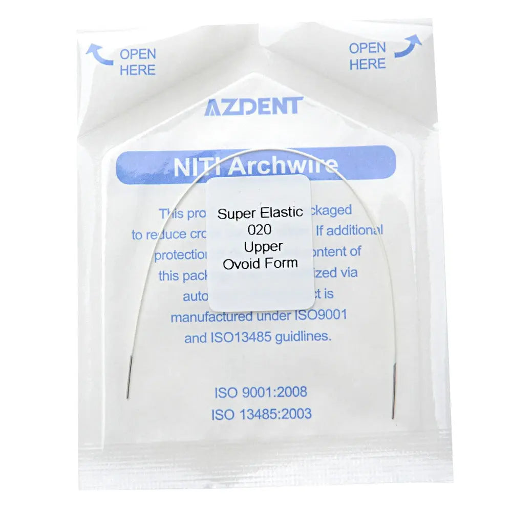 AZDENT NiTi Archwire Super Elastic Colored Coated Ovoid Round 0.020 Upper 1pc/Pack in sealed packaging. White packet with blue text displaying product details, ISO certifications, and opening instructions.