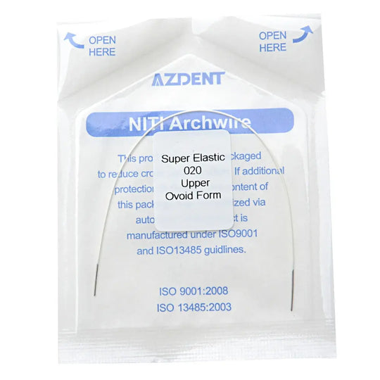 AZDENT NiTi Archwire Super Elastic Colored Coated Ovoid Round 0.020 Upper 1pc/Pack in sealed packaging. White packet with blue text displaying product details, ISO certifications, and opening instructions.