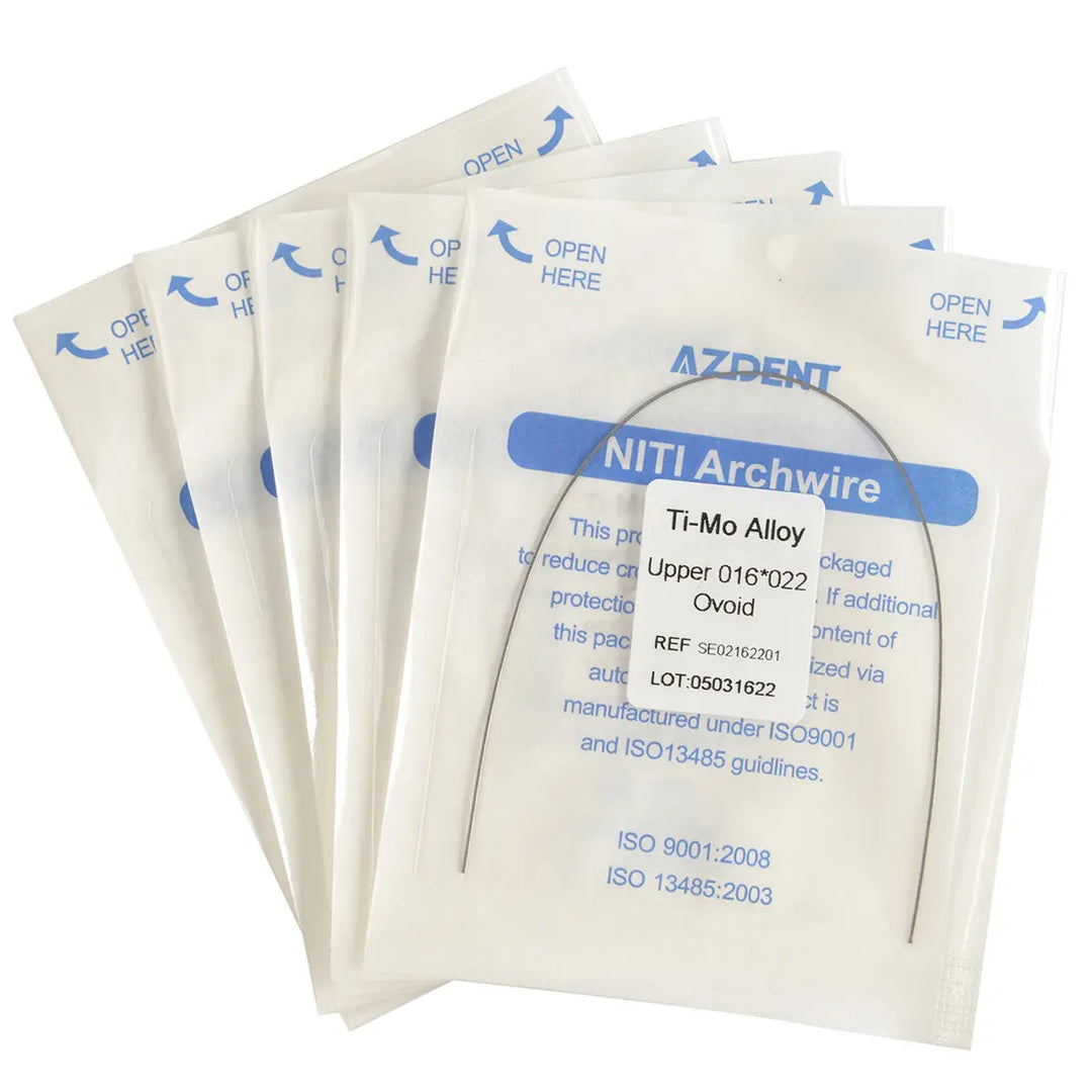 Arch Wire TMA Beta Ti-Mo Alloy Ovoid Rectangular 0.016 x 0.022 Upper 1pc/Pack packaged in white sealed envelopes with blue text. Multiple envelopes stacked, showing NITI Archwire product details and ISO certifications.