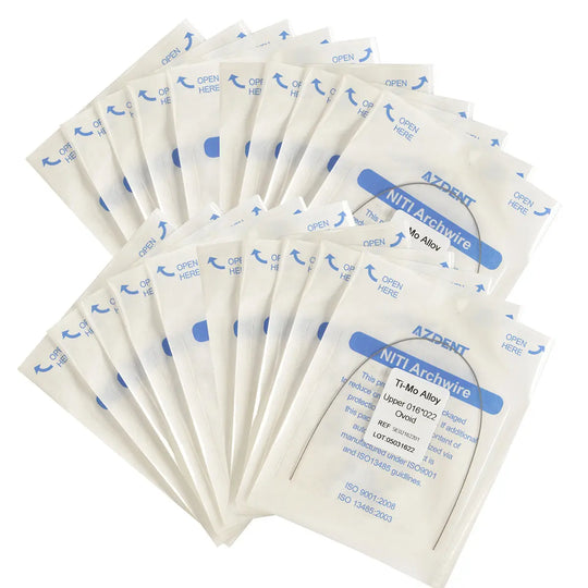 Multiple sealed packages of Arch Wire TMA Beta Ti-Mo Alloy Ovoid Rectangular 0.016 x 0.022 Upper 1pc/Pack, arranged in rows, showing product labeling and blue text on white packaging