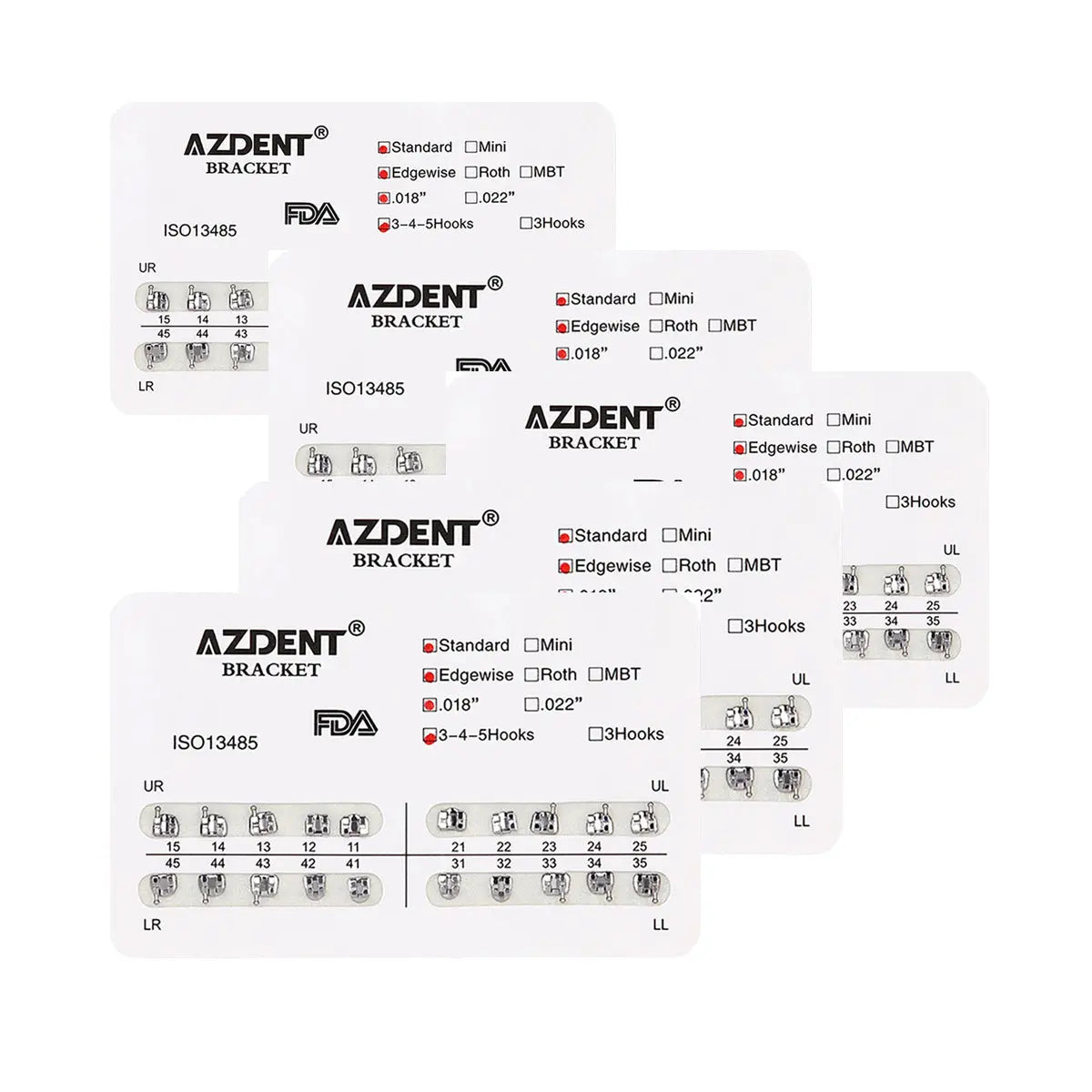 Dental Metal Brackets Standard Edgewise Slot .018 Hooks on 345 20pcs/Pack: Five white plastic trays displaying AZDENT orthodontic brackets with various specifications and FDA approval markings. Each tray shows detailed bracket configurations for different teeth positions.