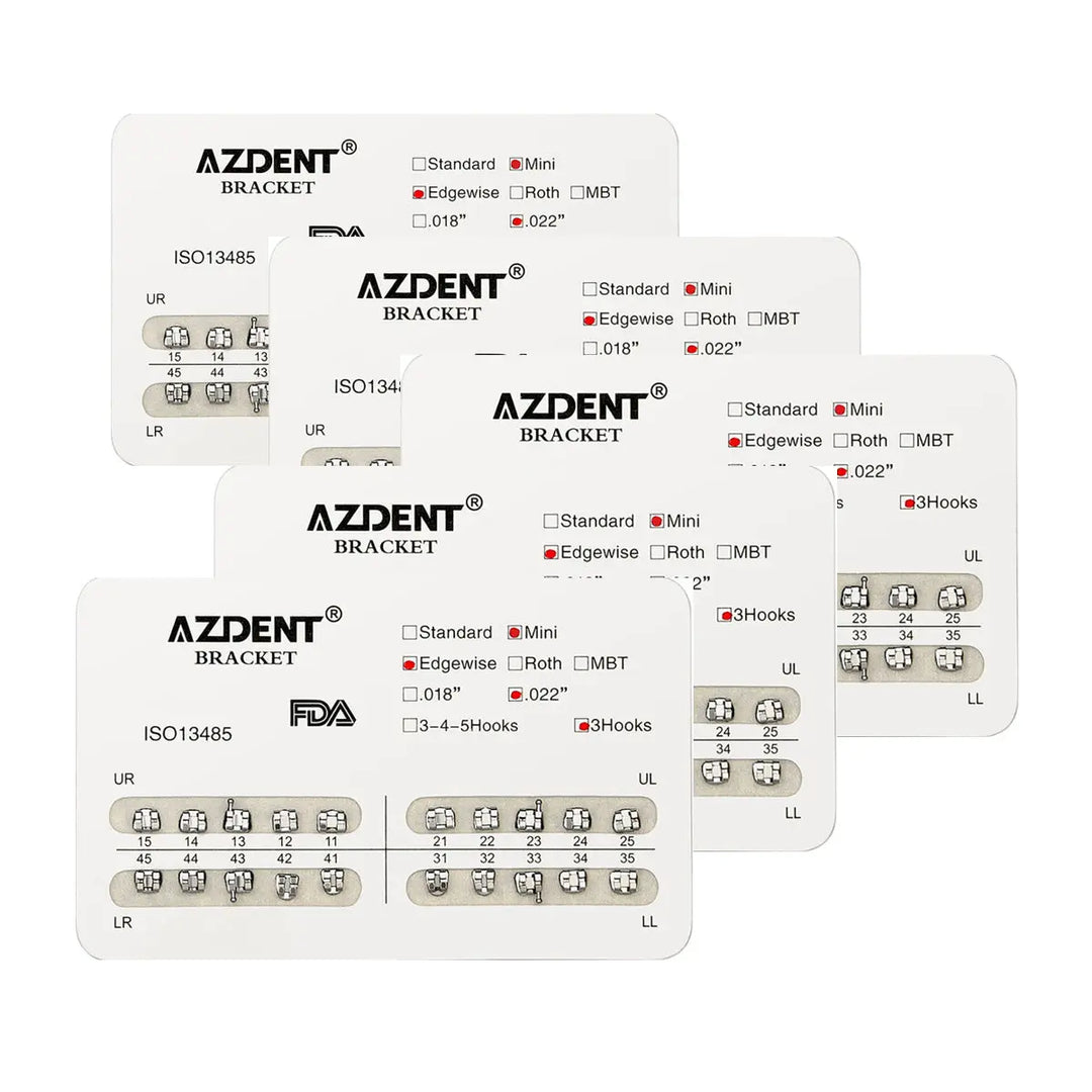 Dental Metal Brackets Mini Edgewise Slot .022 Hooks on 3 20pcs/Pack: AZDENT orthodontic brackets displayed on product cards, showing specifications and placement guides for different tooth positions. Metal brackets with mini edgewise slots and hooks visible.