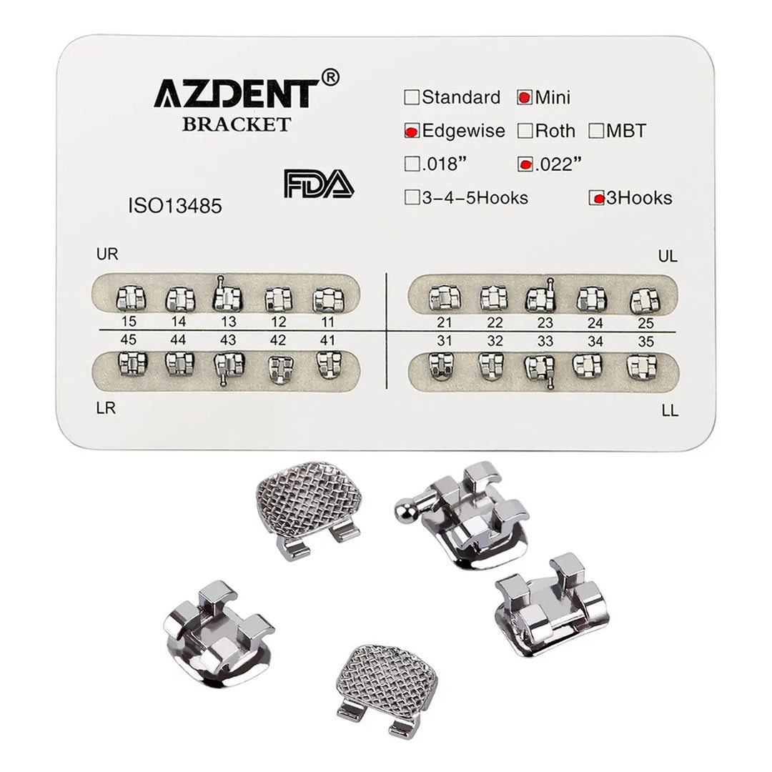 Dental Metal Brackets Mini Edgewise Slot .022 Hooks on 3 20pcs/Pack - AZDENT orthodontic bracket set with sizing chart, featuring mini edgewise slots, 3 hooks, and .022" size. Various metal bracket designs shown below chart for different tooth positions.