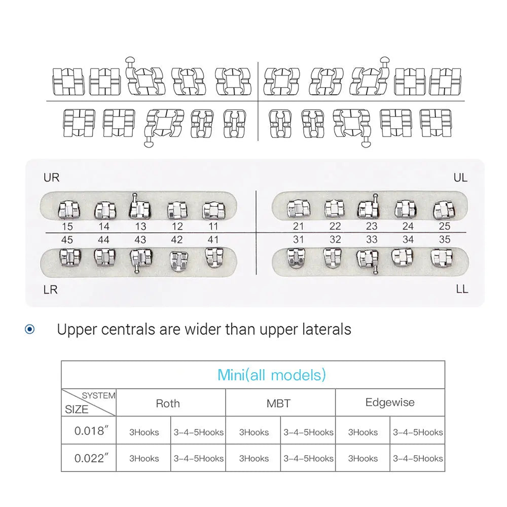 Dental Metal Brackets Mini Edgewise Slot .022 Hooks on 3 20pcs/Pack diagram showing bracket arrangement, sizing chart, and tooth numbering system for orthodontic application, with emphasis on wider upper central brackets compared to laterals