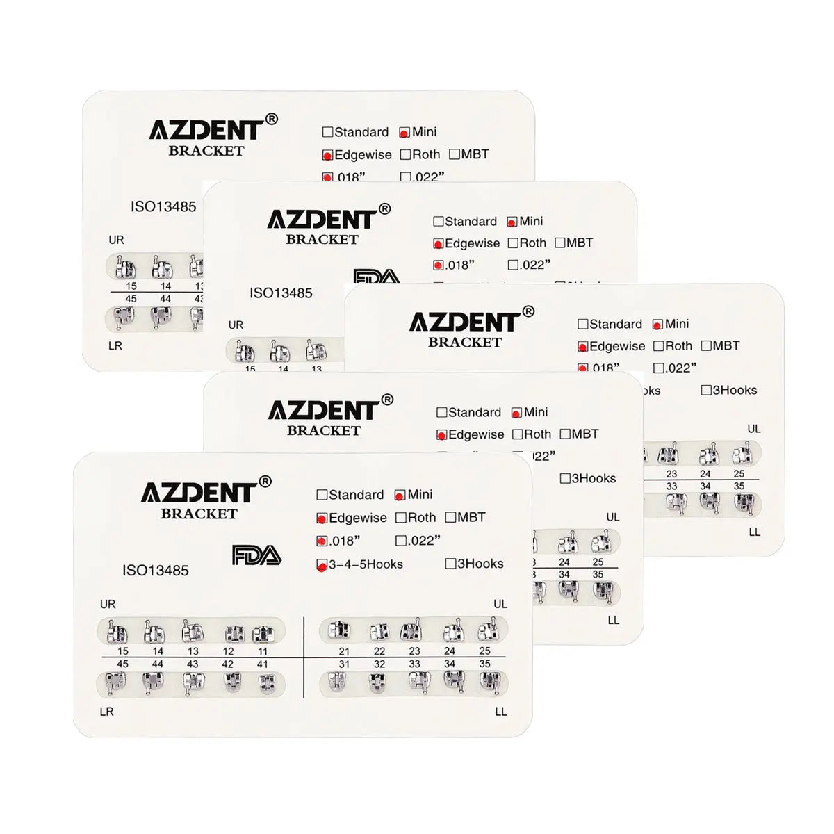 Dental Metal Brackets Mini Edgewise Slot .018 Hooks on 345 20pcs/Pack: Multiple product cards displaying AZDENT orthodontic bracket specifications, including slot size, type, and hook positions. Cards show various bracket configurations for different teeth positions.