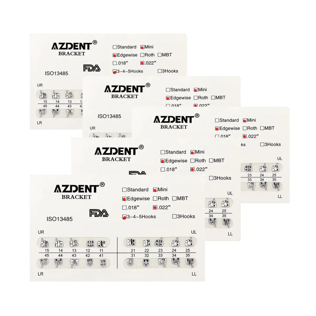 Dental Metal Brackets Mini Edgewise Slot .022 Hooks on 345 20pcs/Pack - Multiple packaging labels for AZDENT orthodontic brackets showing product specifications, FDA approval, and diagrams of bracket placement on teeth