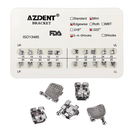 Dental Metal Brackets Mini Edgewise Slot .022 Hooks on 345 20pcs/Pack: AZDENT orthodontic bracket set with product specifications card and close-up of individual metal brackets showing mesh base and hooks for precise teeth alignment and wire attachment.