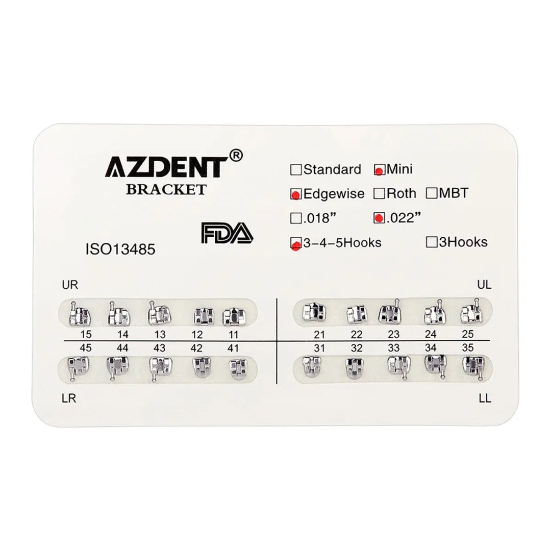 Dental Metal Brackets Mini Edgewise Slot .022 Hooks on 345 20pcs/Pack displayed on an AZDENT bracket selection card showing various sizes and configurations for orthodontic treatment, including FDA approval and ISO certification