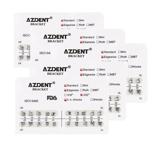 AZDENT Dental Metal Brackets Standard Edgewise Slot .022 Hooks on 345 20pcs/Pack. Product packaging showing orthodontic bracket specifications, including slot size, hook positions, and various options for bracket types. Multiple cards with detailed labeling and diagrams of bracket configurations.