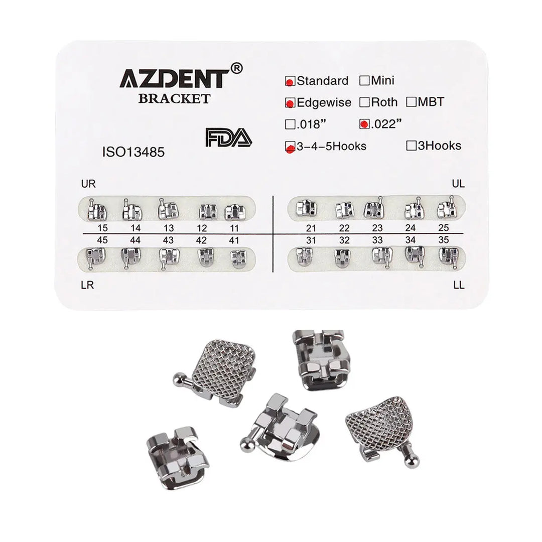 Dental Metal Brackets Standard Edgewise Slot .022 Hooks on 345 20pcs/Pack: AZDENT orthodontic bracket set with FDA approval, featuring standard edgewise .022 slot and hooks on 3-4-5. Image shows product packaging and individual metal brackets with mesh base for accurate placement and patient comfort.