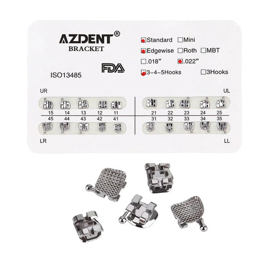 Dental Metal Brackets Standard Edgewise Slot .022 Hooks on 345 20pcs/Pack: AZDENT orthodontic bracket set with FDA approval, featuring standard edgewise .022 slot and hooks on 3-4-5. Image shows product packaging and individual metal brackets with mesh base for accurate placement and patient comfort.