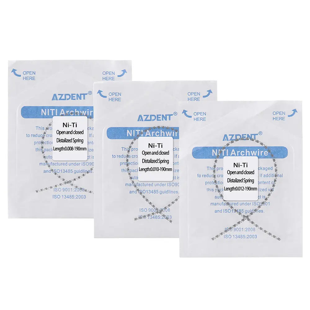 Three packages of Dental Orthodontic NI-TI Open and Closed Distalized Spring 190mm by AZDENT, displaying product information and sizes for orthodontic treatment. Each package shows blue labeling and archwire illustrations.