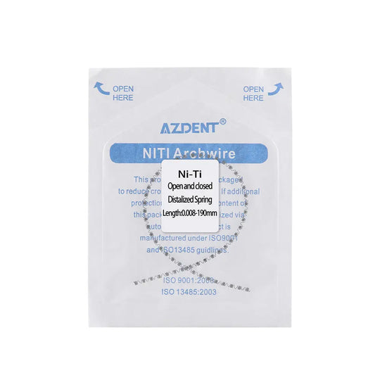 Dental Orthodontic NI-TI Open and Closed Distalized Spring packaging from AZDENT, showing product details for 190mm Ni-Ti archwire used in orthodontic treatment, with ISO certification logos visible on white background