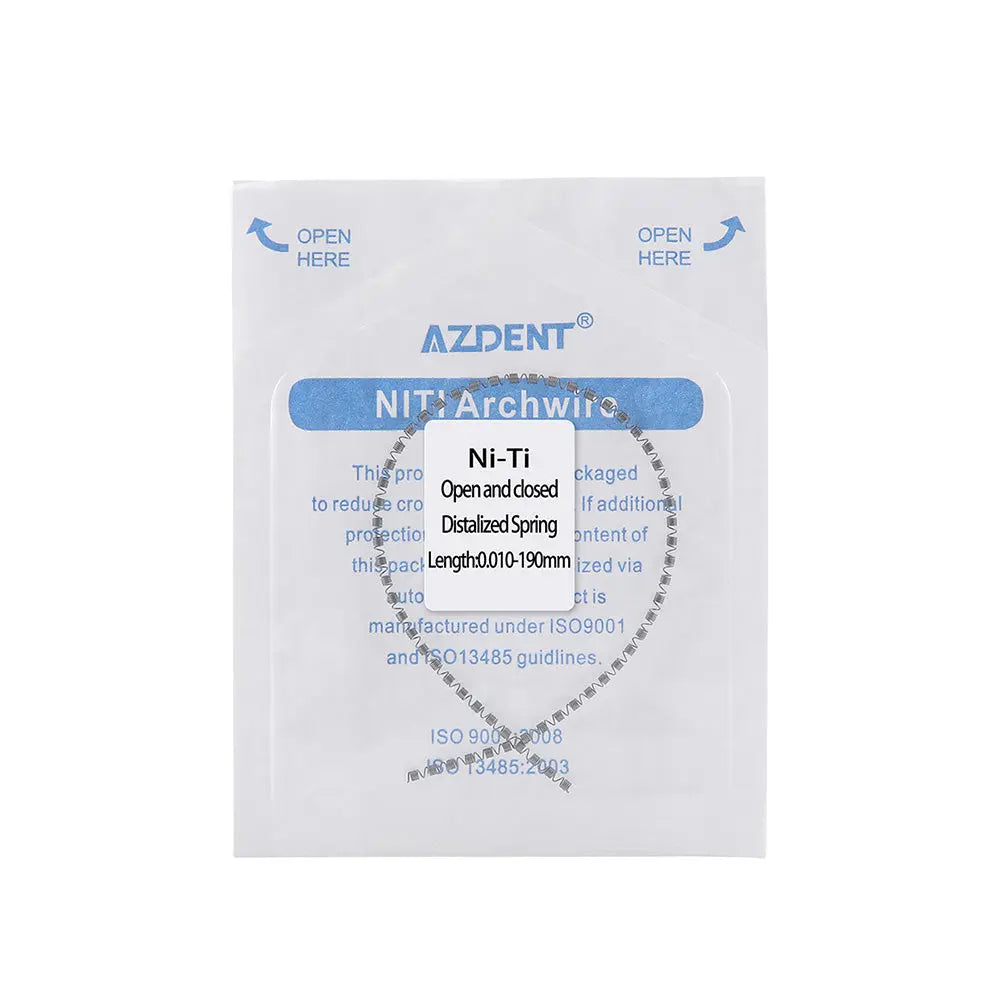 Dental Orthodontic NI-TI Open and Closed Distalized Spring 190mm packaging, showing AZDENT brand, product details, and a curved wire illustration. Nickel-Titanium material, 0.010-190mm size, for orthodontic treatment.