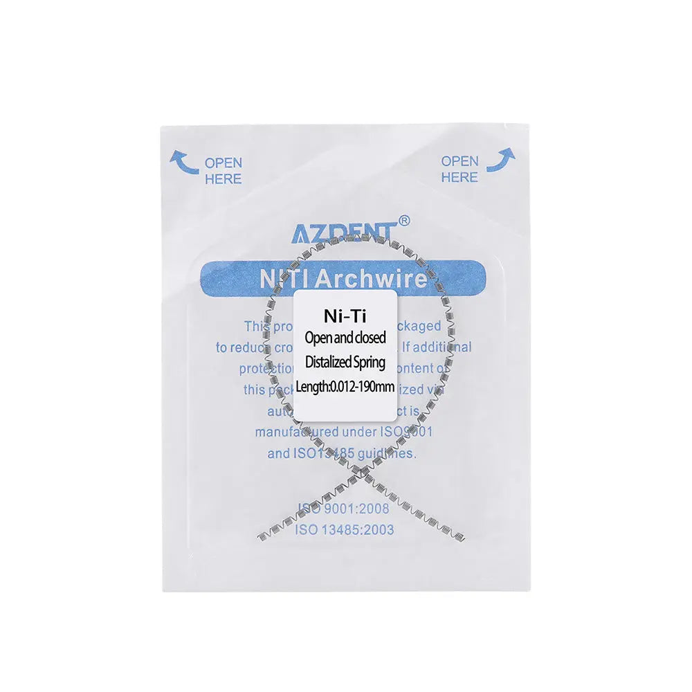 Dental Orthodontic NI-TI Open and Closed Distalized Spring 190mm package showing AZDENT brand NiTi Archwire product details, including material and length specifications, on a white sealed packet with blue text and arrow indicators