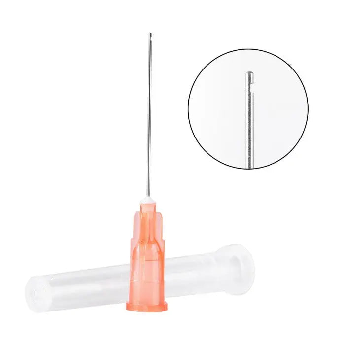 Dental Endo Irrigation Needle Tip Root Canal Lateral 3 Models 100pcs/Pack - Close-up of orange dental irrigation needle with thin metal tip and plastic base, showcasing side opening for precise root canal rinsing and treatment