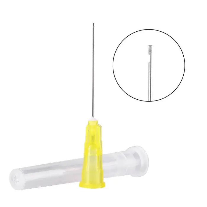 Dental Endo Irrigation Needle Tip Root Canal Lateral 3 Models 100pcs/Pack: Yellow irrigation needle with transparent handle and magnified view of needle tip, designed for precise root canal rinsing and material transport in dental procedures.