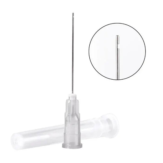 Dental Endo Irrigation Needle Tip Root Canal Lateral 3 Models 100pcs/Pack: Close-up of a single dental irrigation needle with a thin metal tip and transparent plastic base, alongside a magnified view of the needle's side opening for precise root canal rinsing