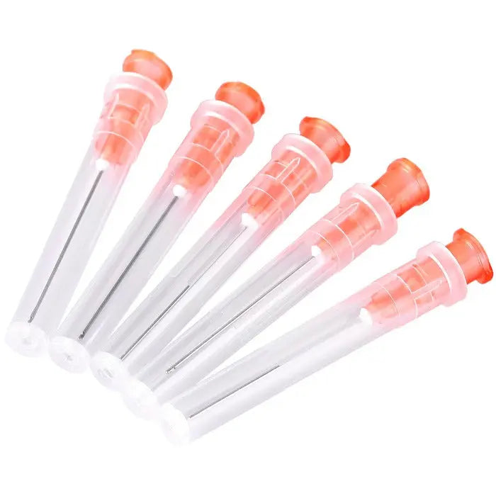 Dental Endo Irrigation Needle Tips for Root Canal Treatment, 5 transparent tubes with orange caps displaying various sizes of lateral opening needles, part of 100pcs/Pack set for precise dental procedures