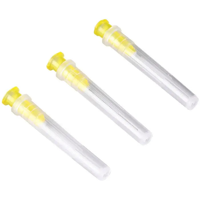 Dental Endo Irrigation Needle Tip Root Canal Lateral 3 Models 100pcs/Pack: Three transparent plastic tubes with yellow tops, designed for precise dental root canal irrigation. Professional dental tools for efficient and safe root canal procedures.