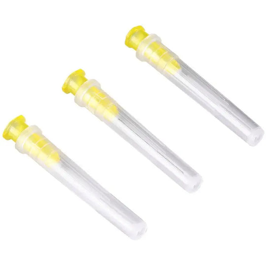 Dental Endo Irrigation Needle Tip Root Canal Lateral 3 Models 100pcs/Pack: Three transparent plastic tubes with yellow tops, designed for precise dental root canal irrigation. Professional dental tools for efficient and safe root canal procedures.