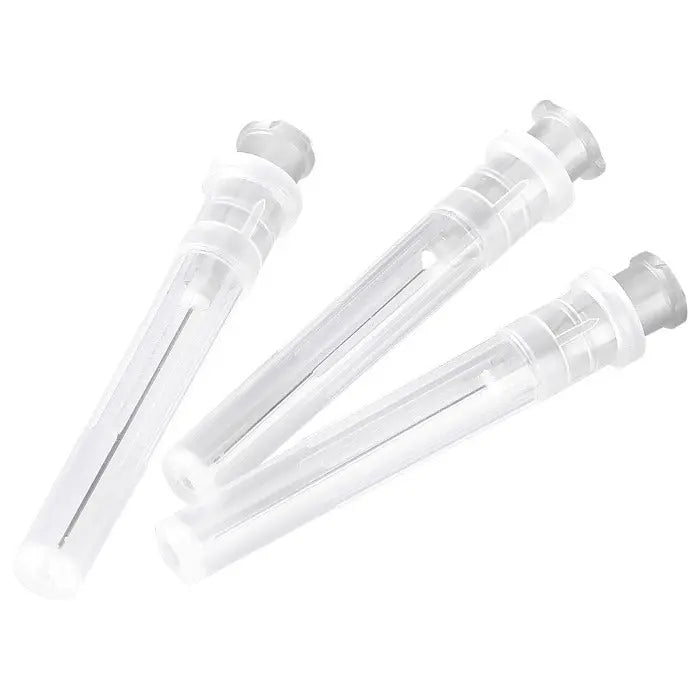 Dental Endo Irrigation Needle Tip Root Canal Lateral 3 Models 100pcs/Pack: Three transparent plastic irrigation needles with round heads and side openings for gentle root canal rinsing, available in different lengths and diameters for various dental procedures