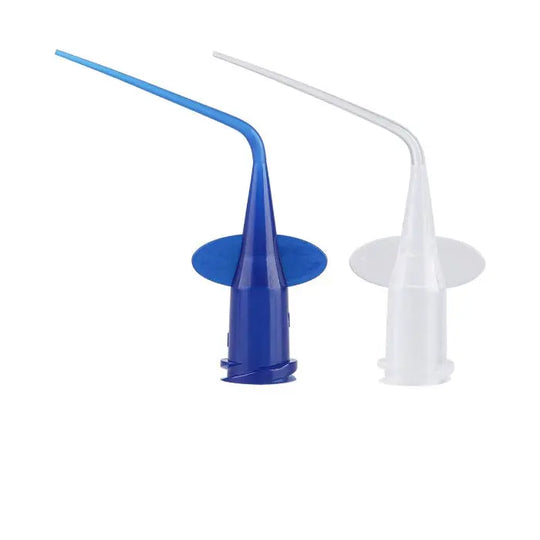 Dental Disposable Syringe Tip Endo Irrigation 2 Colors 50pcs/Pack: Blue and transparent plastic dental syringe tips with small diameter and flexible design for root canal therapy and medicine refill, ensuring patient comfort and improved maneuverability for dentists.