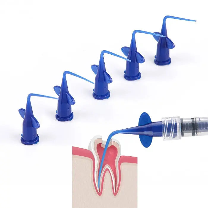 Dental Disposable Syringe Tip Endo Irrigation 2 Colors 50pcs/Pack: Blue plastic syringe tips in row, illustration of tooth cross-section showing root canal irrigation, demonstrating flexibility and precision for dental procedures