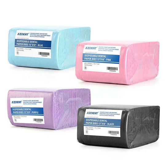 Dental Disposable Patient Bibs 13"x18" 2-Ply Paper/1-Ply Poly 125pcs/Pack in various colors: blue, pink, purple, and black. Packs of disposable dental bibs shown stacked, highlighting different color options available for dental practices.