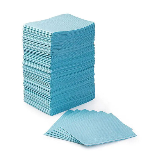 Stack of light blue Dental Disposable Patient Bibs 13"x18" 2-Ply Paper/1-Ply Poly 125pcs/Pack for dental procedures. Absorbent, hygienic towels with waterproof backing, neatly stacked showing thickness and quantity.