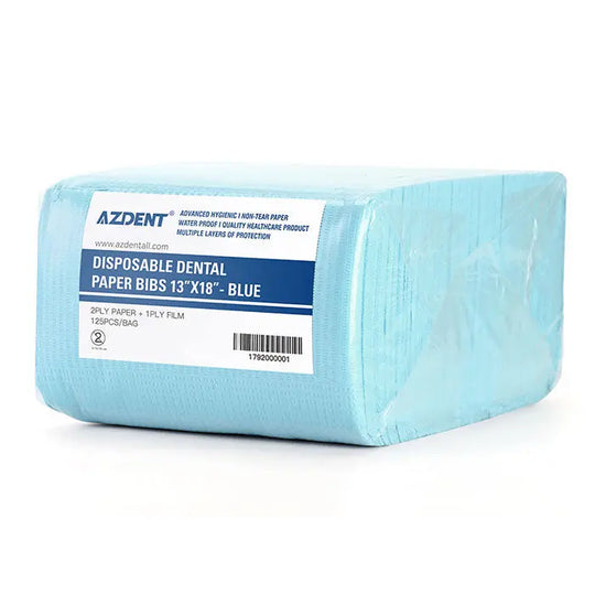 Dental Disposable Patient Bibs 13"x18" 2-Ply Paper/1-Ply Poly 125pcs/Pack: Light blue package of AZDENT disposable dental paper bibs, showing product label with size and material details. Hygiene product for dental procedures.